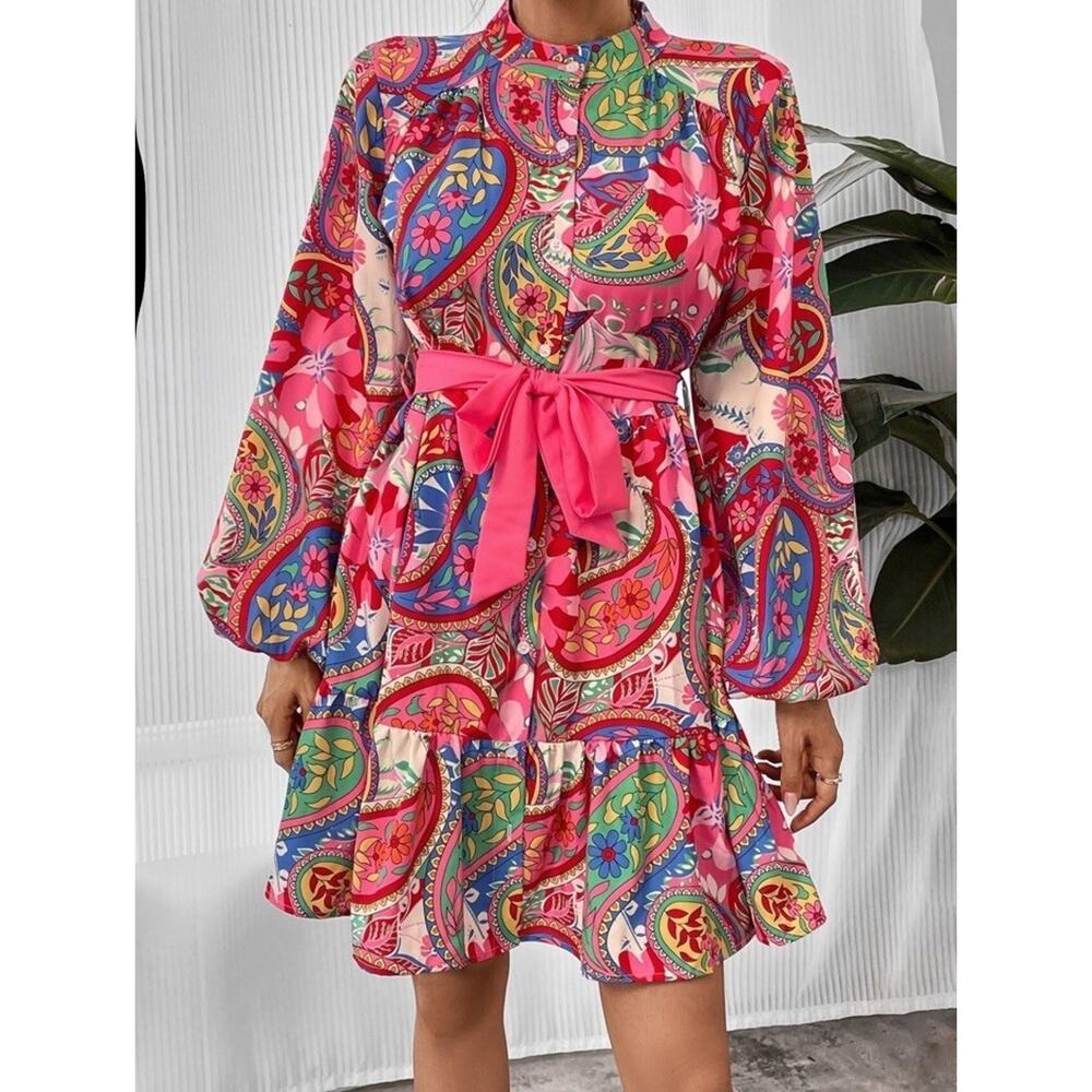 Boho Ladies Dress with Belt Paisley Pattern Lantern Sleeve Ruffle